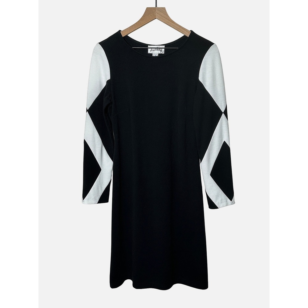 Joseph Ribkoff Dress Black White Color Block Long Sleeve Size 6 Mod Style Career